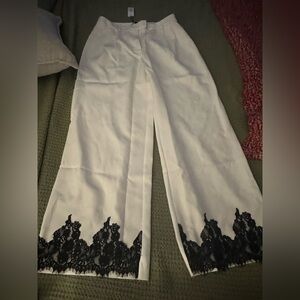 Nasty Gal White Wide-Leg Pants with Black Lace Trim